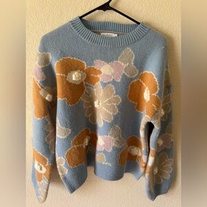 Floral Crewneck Sweater in Light Blue and Mustard - Women's